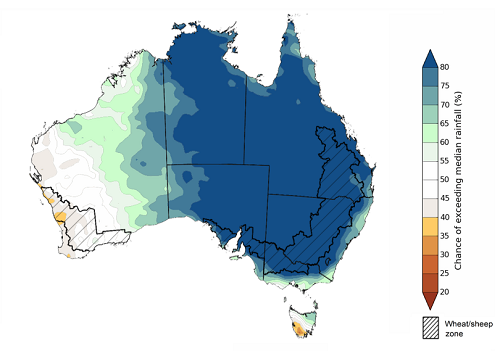 Map showing the chance of exceeding median rainfall between June 2021 to August 2021 in Australia. Image provided by the Bureau of Meteorology. Please refer to accompanying text for a more detailed description.