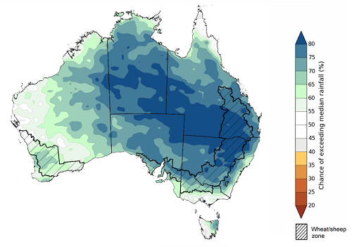 Map showing the chance of exceeding median rainfall between June 2021 to August 2021 in Australia. Image provided by the Bureau of Meteorology. Please refer to accompanying text for a more detailed description.