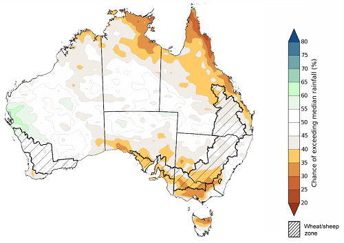 Map showing the chance of exceeding median rainfall between May 2021 to July 2021 in Australia. Image provided by the Bureau of Meteorology. Please refer to accompanying text for a more detailed description.