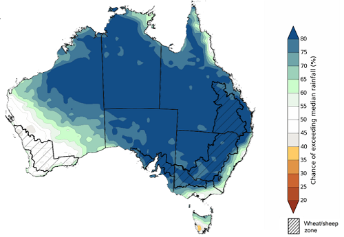 Map showing the chance of exceeding median rainfall between May to July 2022 in Australia. Image provided by the Bureau of Meteorology. Please refer to accompanying text for a more detailed description.