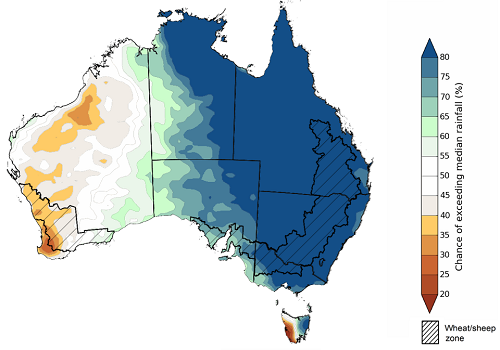 Map showing the chance of exceeding median rainfall between September to November 2022 in Australia. Image provided by the Bureau of Meteorology. Please refer to accompanying text for a more detailed description.