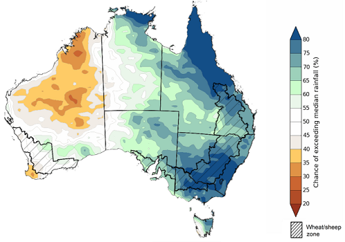 Map showing the chance of exceeding median rainfall between October to December 2022 in Australia. Image provided by the Bureau of Meteorology. Please refer to accompanying text for a more detailed description.