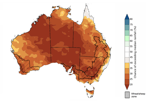 Map showing the chance of exceeding median rainfall during the next three months in Australia. Image provided by the Bureau of Meteorology. Please refer to accompanying text for a more detailed description.