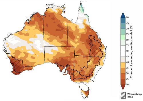 Map showing the chance of exceeding median rainfall during the next three months in Australia. Image provided by the Bureau of Meteorology. Please refer to accompanying text for a more detailed description.