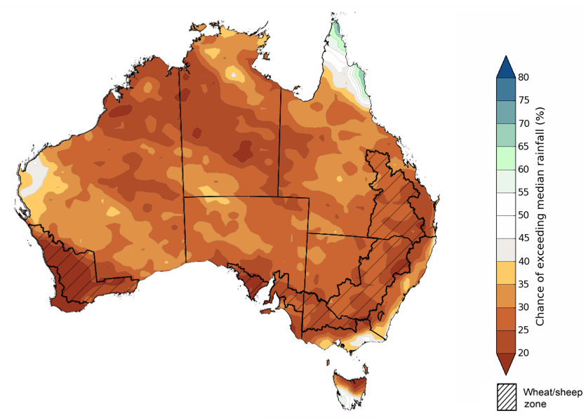 Map showing the chance of exceeding median rainfall during the next three months in Australia. Image provided by the Bureau of Meteorology. Please refer to accompanying text for a more detailed description.