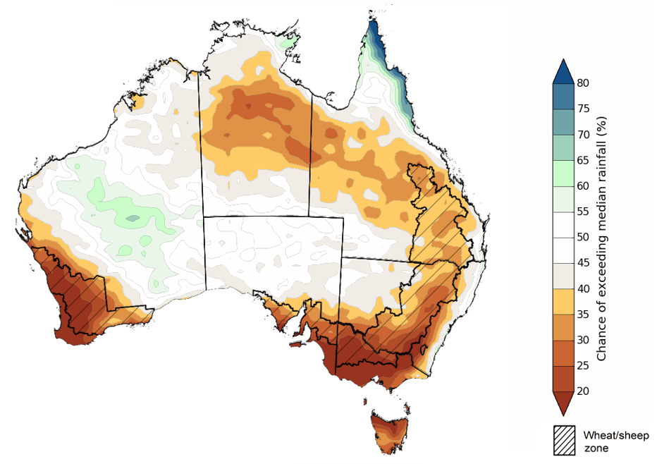 Map showing the chance of exceeding median rainfall during the next three months in Australia. Image provided by the Bureau of Meteorology. Please refer to accompanying text for a more detailed description.