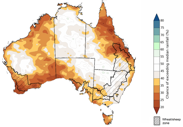 Map showing the chance of exceeding median rainfall during the next three months in Australia. Image provided by the Bureau of Meteorology. Please refer to accompanying text for a more detailed description.