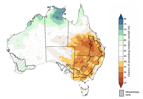 Map showing the chance of exceeding median rainfall between April 2021 to June 2021 in Australia. Image provided by the Bureau of Meteorology. Please refer to accompanying text for a more detailed description.