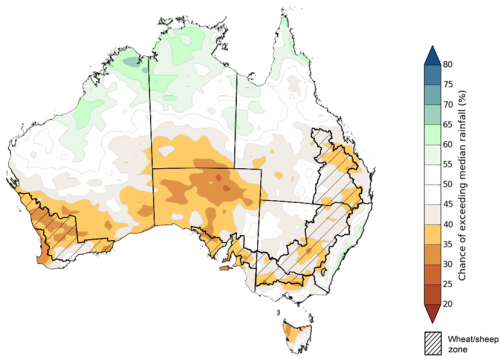 Map showing the chance of exceeding median rainfall during the next three months in Australia. Image provided by the Bureau of Meteorology. Please refer to accompanying text for a more detailed description.]