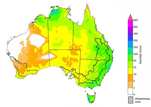 Map showing the rainfall totals that have a 75% chance of occurring during September 2021 in Australia. Image provided by the Bureau of Meteorology. Please refer to accompanying text for a more detailed description.