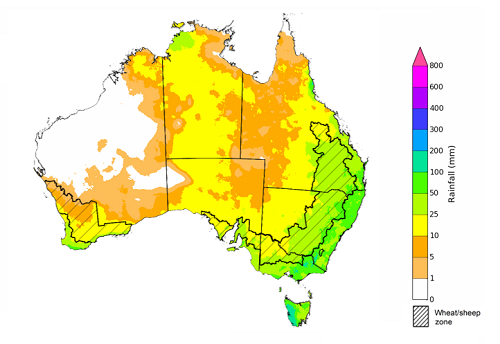 Map showing the rainfall totals that have a 75% chance of occurring during October 2021 in Australia. Image provided by the Bureau of Meteorology. Please refer to accompanying text for a more detailed description.