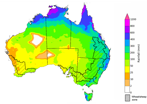 Map showing the rainfall totals that have a 75% chance of occurring during the next three months in Australia. Image provided by the Bureau of Meteorology. Please refer to accompanying text for a more detailed description.