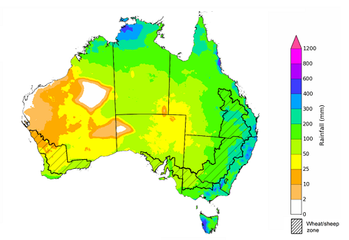 Map showing the rainfall totals that have a 75% chance of occurring during the next three months in Australia. Image provided by the Bureau of Meteorology. Please refer to accompanying text for a more detailed description.