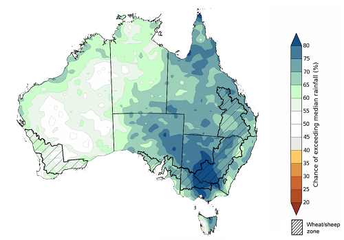 Map showing the chance of exceeding median rainfall between September 2021 to November 2021 in Australia. Image provided by the Bureau of Meteorology. Please refer to accompanying text for a more detailed description.