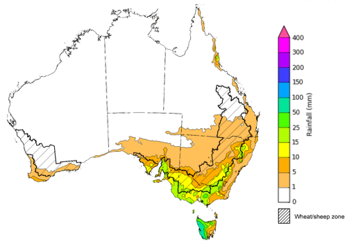 Map of the total forecast rainfall for the next 8 days. Image provided by the Bureau of Meteorology. Please refer to accompanying text for a more detailed description.