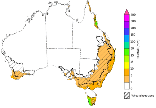 Map of the total forecast rainfall for the next 8 days. Image provided by the Bureau of Meteorology. Please refer to accompanying text for a more detailed description.