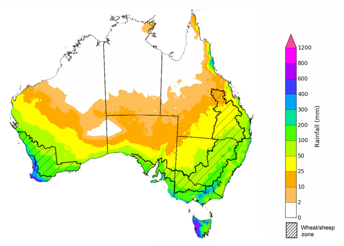 Map showing the rainfall totals that have a 75% chance of occurring during the next three months in Australia. Image provided by the Bureau of Meteorology. Please refer to accompanying text for a more detailed description.