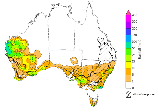 Map showing weekly rainfall totals in Australia. Image provided by the Bureau of Meteorology. Please refer to accompanying text for a more detailed description. 