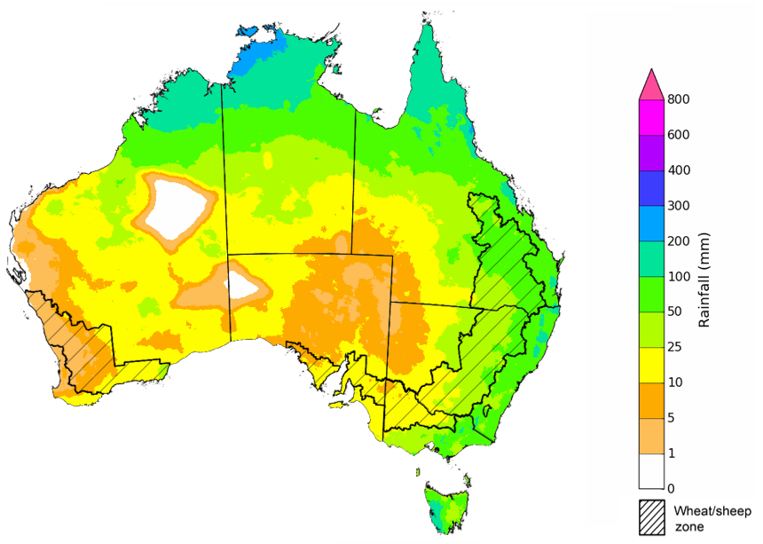 Map showing the rainfall totals that have a 75% chance of occurring during the next month in Australia. Image provided by the Bureau of Meteorology. Please refer to accompanying text for a more detailed description. For further information, go to http://www.bom.gov.au/climate/ahead/about/