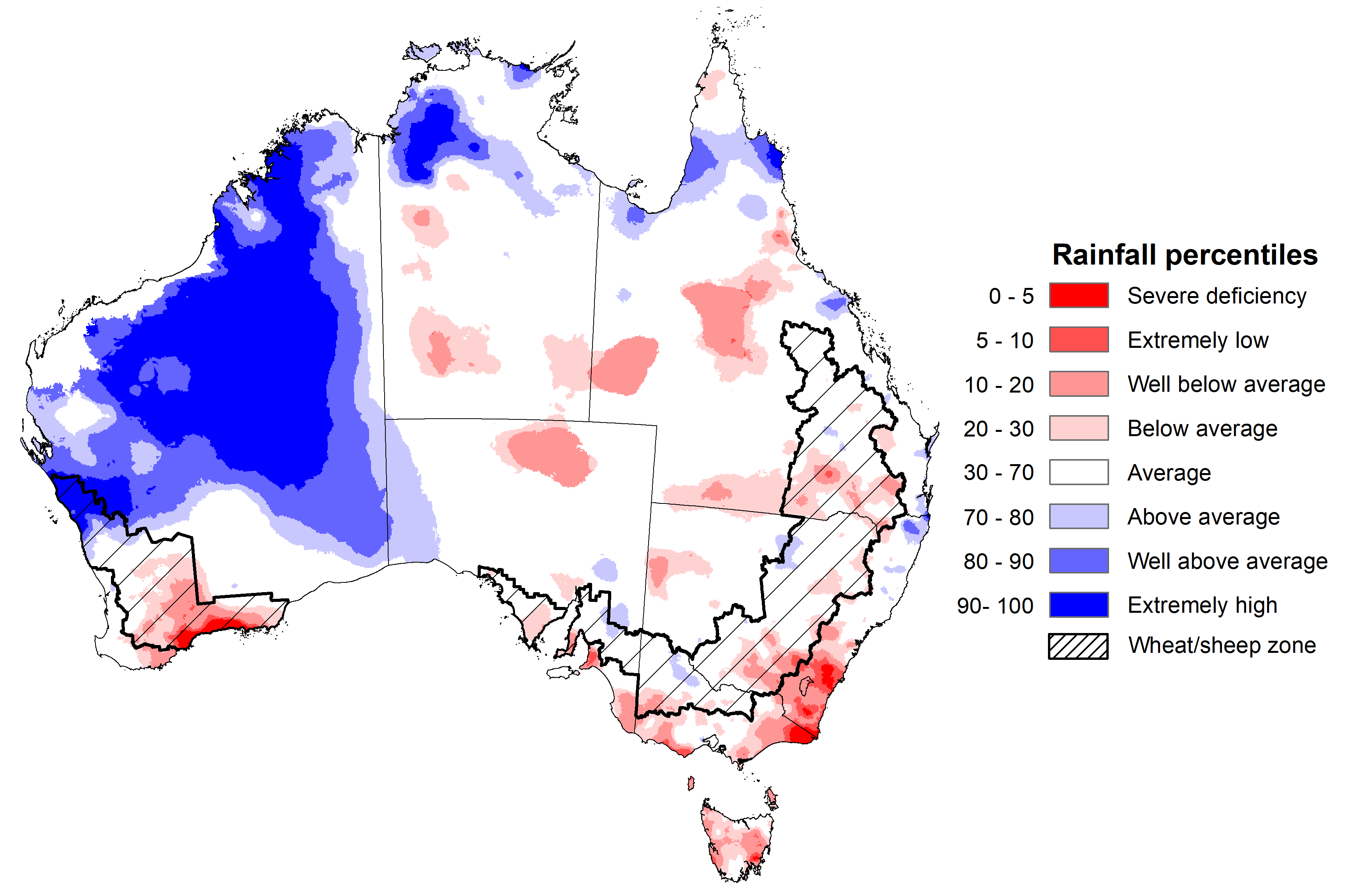 Map showing the rainfall percentiles for the previous month in Australia. Image provided by the Bureau of Meteorology. Please refer to accompanying text for a more detailed description.