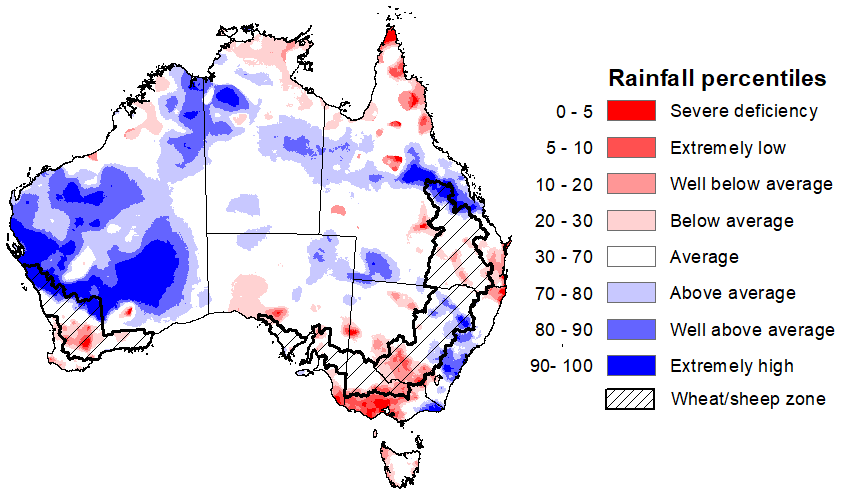 Map showing the rainfall percentiles for the previous month in Australia. Image provided by the Bureau of Meteorology. Please refer to accompanying text for a more detailed description.