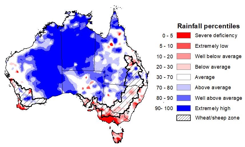 Map showing the rainfall percentiles for the previous month in Australia. Image provided by the Bureau of Meteorology. Please refer to accompanying text for a more detailed description.