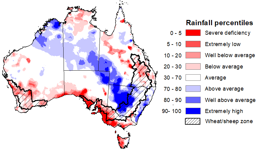 Map showing the rainfall percentiles for the previous month in Australia. Image provided by the Bureau of Meteorology. Please refer to accompanying text for a more detailed description.