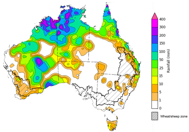 Map showing weekly rainfall totals in Australia. Image provided by the Bureau of Meteorology. Please refer to accompanying text for a more detailed description.