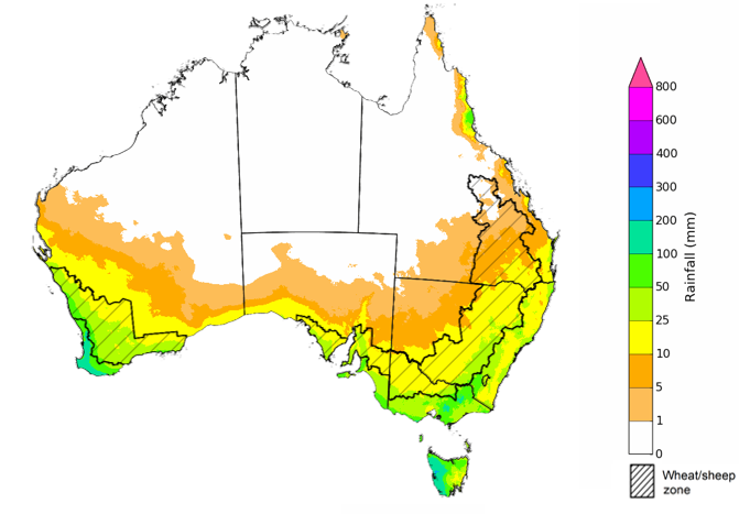 Map showing the rainfall totals that have a 75% chance of occurring during the next month in Australia. Image provided by the Bureau of Meteorology. Please refer to accompanying text for a more detailed description. For further information, go to http://www.bom.gov.au/climate/ahead/about/