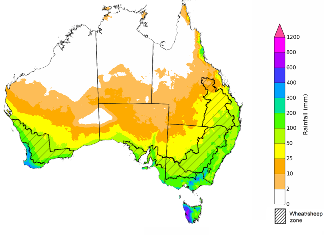 Map showing the rainfall totals that have a 75% chance of occurring during the next three months in Australia. Image provided by the Bureau of Meteorology. Please refer to accompanying text for a more detailed description.