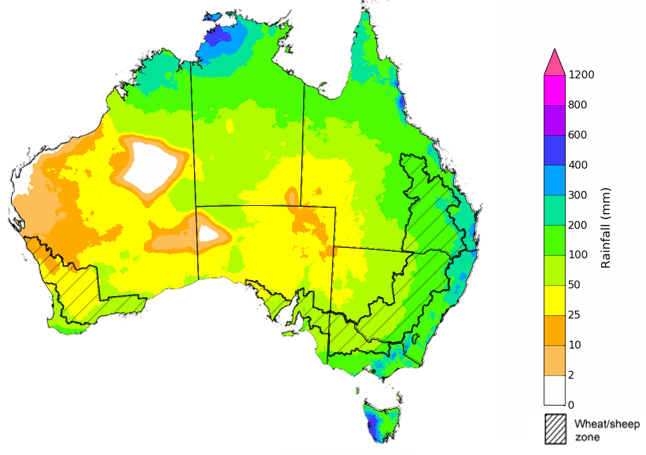 Map showing the rainfall totals that have a 75% chance of occurring during the next three months in Australia. Image provided by the Bureau of Meteorology. Please refer to accompanying text for a more detailed description.