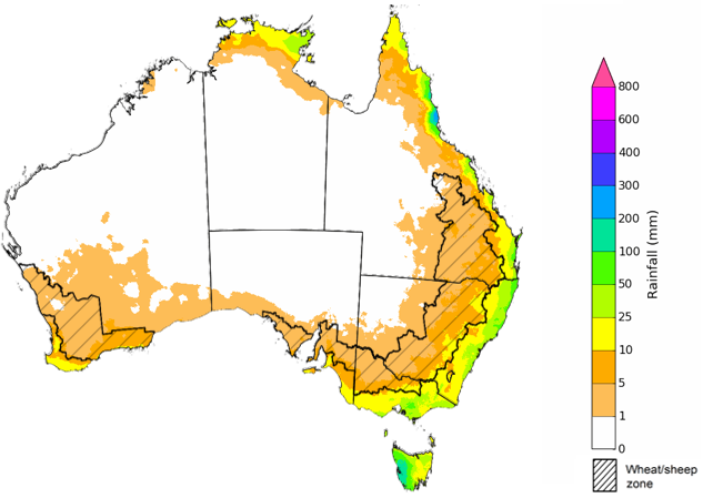 Map showing the rainfall totals that have a 75% chance of occurring during the next month in Australia. Image provided by the Bureau of Meteorology. Please refer to accompanying text for a more detailed description. For further information, go to http://www.bom.gov.au/climate/ahead/about/