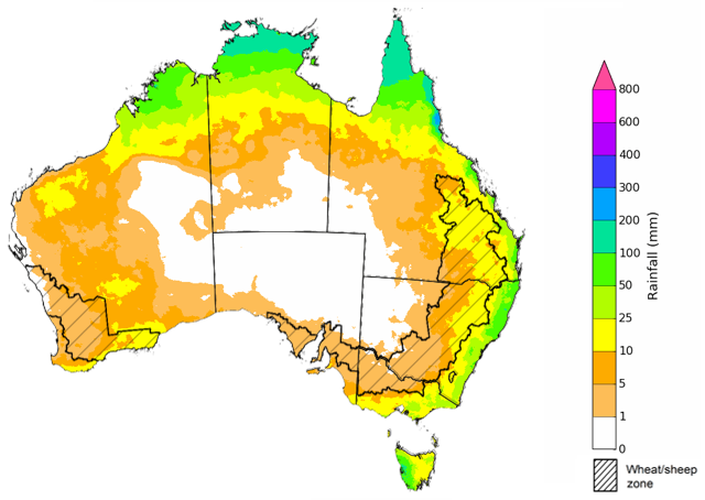 Map showing the rainfall totals that have a 75% chance of occurring during the next month in Australia. Image provided by the Bureau of Meteorology. Please refer to accompanying text for a more detailed description. The climate outlook is generated by ACCESS–S (Australian Community Climate Earth-System Simulator–Seasonal). ACCESS–S is the Bureau of Meteorology's dynamic (physics-based) weather and climate model used for monthly, seasonal, and longer-lead climate outlooks.