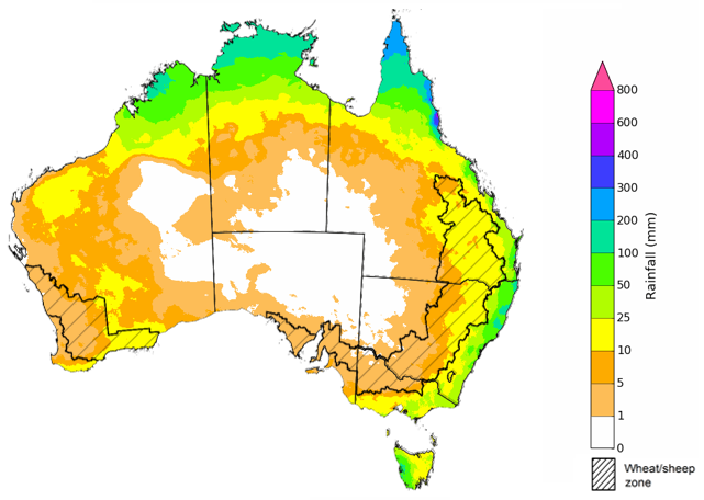 Map showing the rainfall totals that have a 75% chance of occurring during the next month in Australia. Image provided by the Bureau of Meteorology. Please refer to accompanying text for a more detailed description. The climate outlook is generated by ACCESS–S (Australian Community Climate Earth-System Simulator–Seasonal). ACCESS–S is the Bureau of Meteorology's dynamic (physics-based) weather and climate model used for monthly, seasonal, and longer-lead climate outlooks.