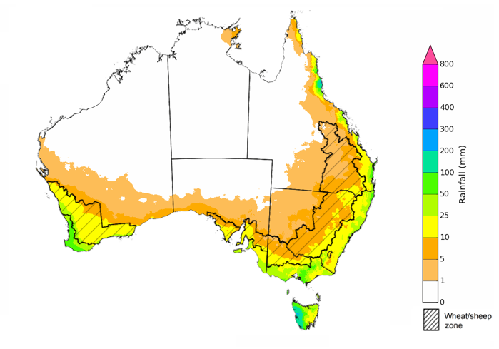 Map showing the rainfall totals that have a 75% chance of occurring during the next month in Australia. Image provided by the Bureau of Meteorology. Please refer to accompanying text for a more detailed description. For further information, go to http://www.bom.gov.au/climate/ahead/about/