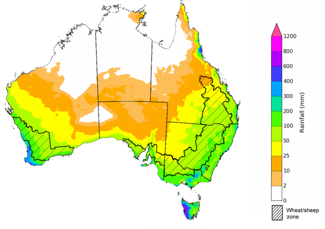 Map showing the rainfall totals that have a 75% chance of occurring during the next 3 months in Australia