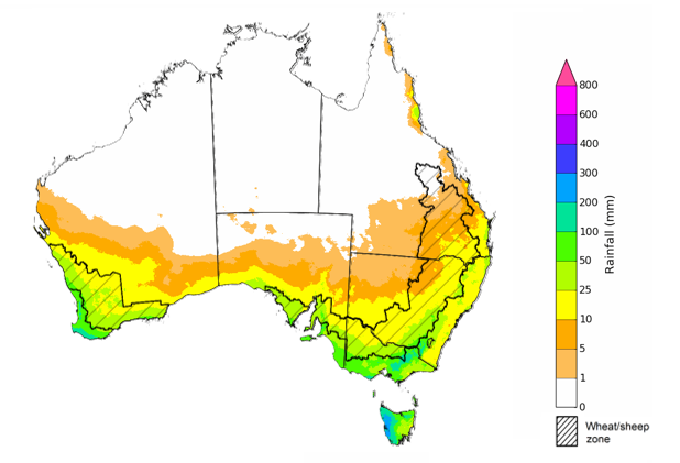 Map showing the rainfall totals that have a 75% chance of occurring during the next month in Australia. Image provided by the Bureau of Meteorology. Please refer to accompanying text for a more detailed description. For further information, go to http://www.bom.gov.au/climate/ahead/about/.