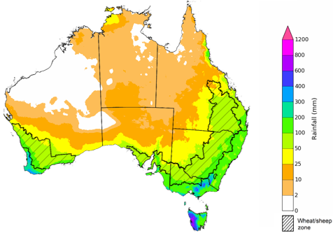 Map showing the rainfall totals that have a 75% chance of occurring during the next three months in Australia. Image provided by the Bureau of Meteorology. Please refer to accompanying text for a more detailed description.