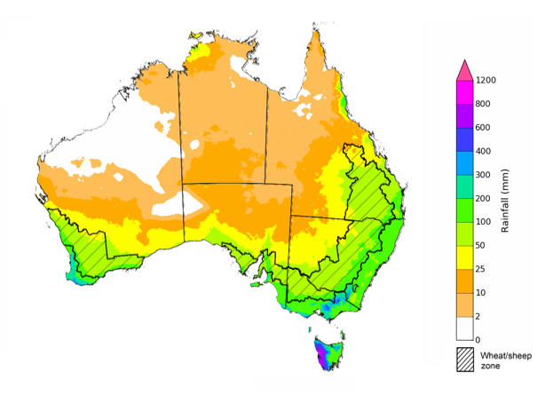 Map showing the rainfall totals that have a 75% chance of occurring during the next three months in Australia. Image provided by the Bureau of Meteorology. Please refer to accompanying text for a more detailed description.