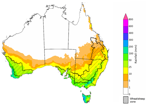 Map showing the rainfall totals that have a 75% chance of occurring during the next month in Australia. Image provided by the Bureau of Meteorology. Please refer to accompanying text for a more detailed description. For further information, go to http://www.bom.gov.au/climate/ahead/about/