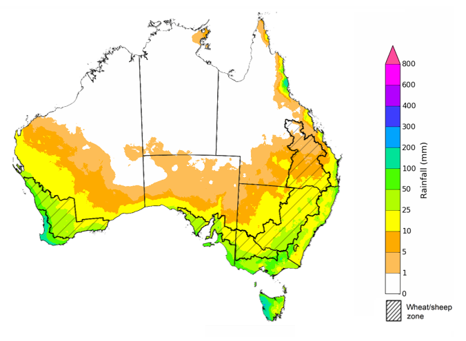 Map showing the rainfall totals that have a 75% chance of occurring during the next month in Australia. Image provided by the Bureau of Meteorology. Please refer to accompanying text for a more detailed description. For further information, go to http://www.bom.gov.au/climate/ahead/about/