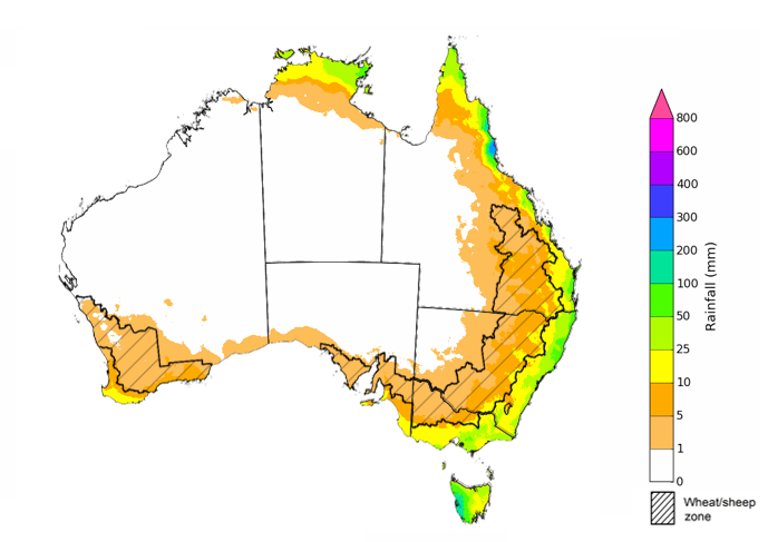 Map showing the rainfall totals that have a 75% chance of occurring during the next month in Australia. Image provided by the Bureau of Meteorology. Please refer to accompanying text for a more detailed description. For further information, go to http://www.bom.gov.au/climate/ahead/about/.