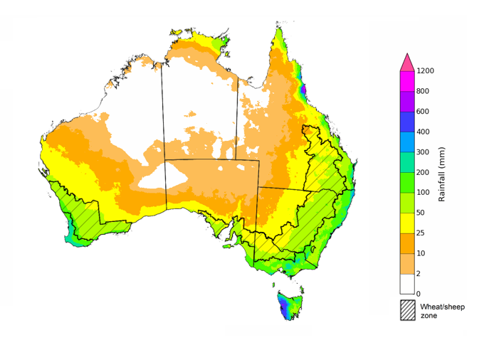 Map showing the rainfall totals that have a 75% chance of occurring April to June 2024