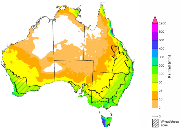 Map showing the rainfall totals that have a 75% chance of occurring during the next three months in Australia. Image provided by the Bureau of Meteorology. Please refer to accompanying text for a more detailed description.