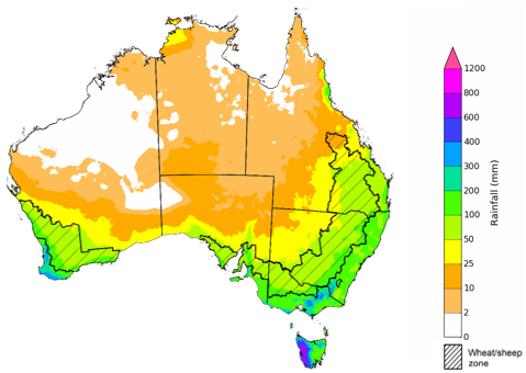 Map showing the rainfall totals that have a 75% chance of occurring during the next three months in Australia. Image provided by the Bureau of Meteorology. Please refer to accompanying text for a more detailed description.