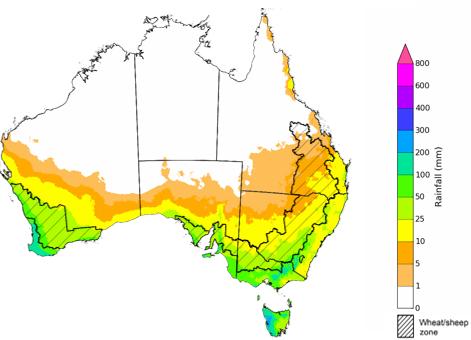 Map showing the rainfall totals that have a 75% chance of occurring during the next month in Australia. Image provided by the Bureau of Meteorology. Please refer to accompanying text for a more detailed description. For further information, go to http://www.bom.gov.au/climate/ahead/about/.