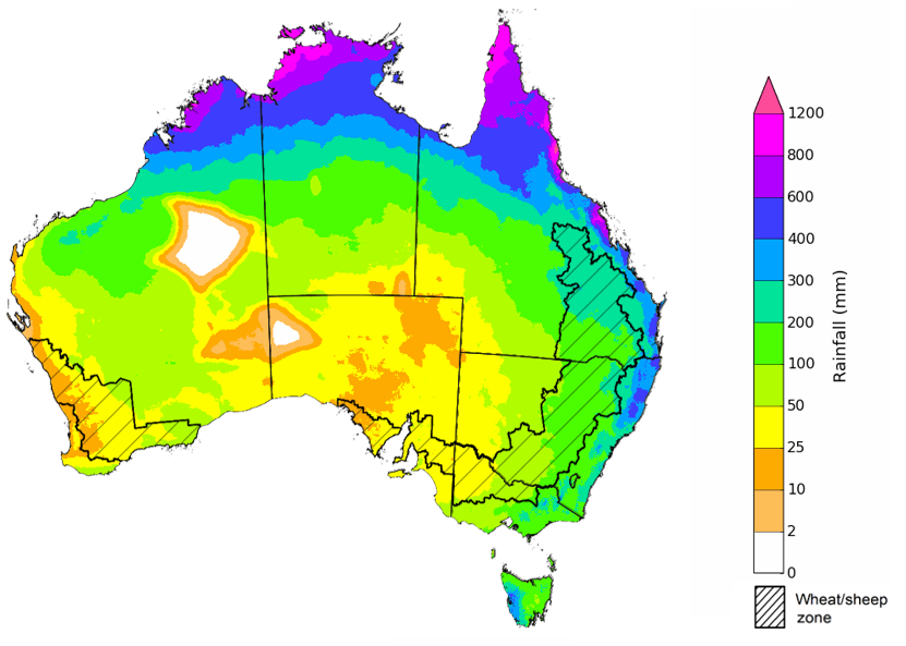 Map showing the rainfall totals that have a 75% chance of occurring during the next three months in Australia. Image provided by the Bureau of Meteorology. Please refer to accompanying text for a more detailed description.