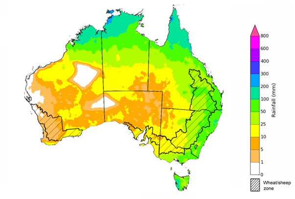 Map showing the rainfall totals that have a 75% chance of occurring during the next month in Australia. Image provided by the Bureau of Meteorology. Please refer to accompanying text for a more detailed description. For further information, go to http://www.bom.gov.au/climate/ahead/about/