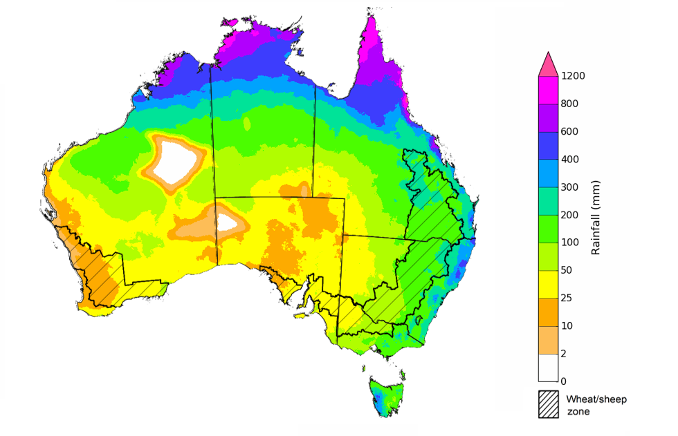 Map showing the rainfall totals that have a 75% chance of occurring during the next three months in Australia. Image provided by the Bureau of Meteorology. Please refer to accompanying text for a more detailed description.