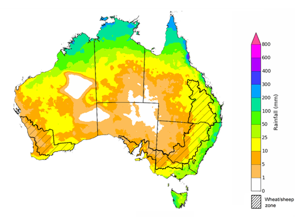 Map showing the rainfall totals that have a 75% chance of occurring during the next month in Australia. Image provided by the Bureau of Meteorology. Please refer to accompanying text for a more detailed description. For further information, go to http://www.bom.gov.au/climate/ahead/about/